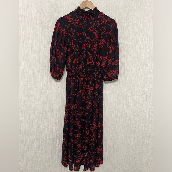 Nanette Lepore 4 Tie Mock Neck Smocked Pleated Long Sleeve Dress Floral - Picture 2 of 6